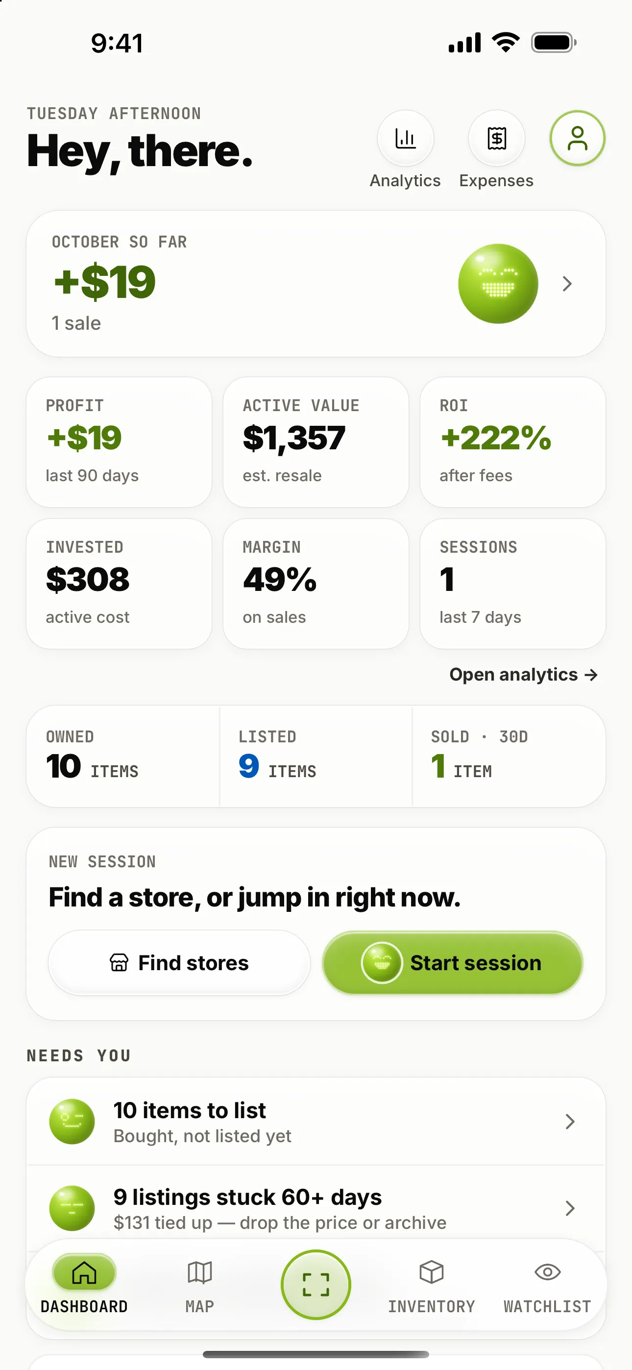 The Fownd dashboard, with Dot beside October's profit of +$19 and beside the first two rows of the Needs you list
