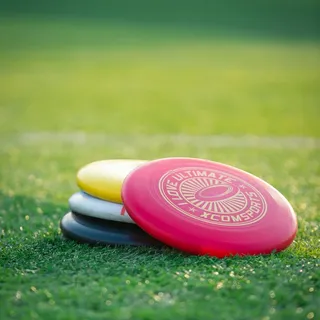 A stack of flying discs on the grass