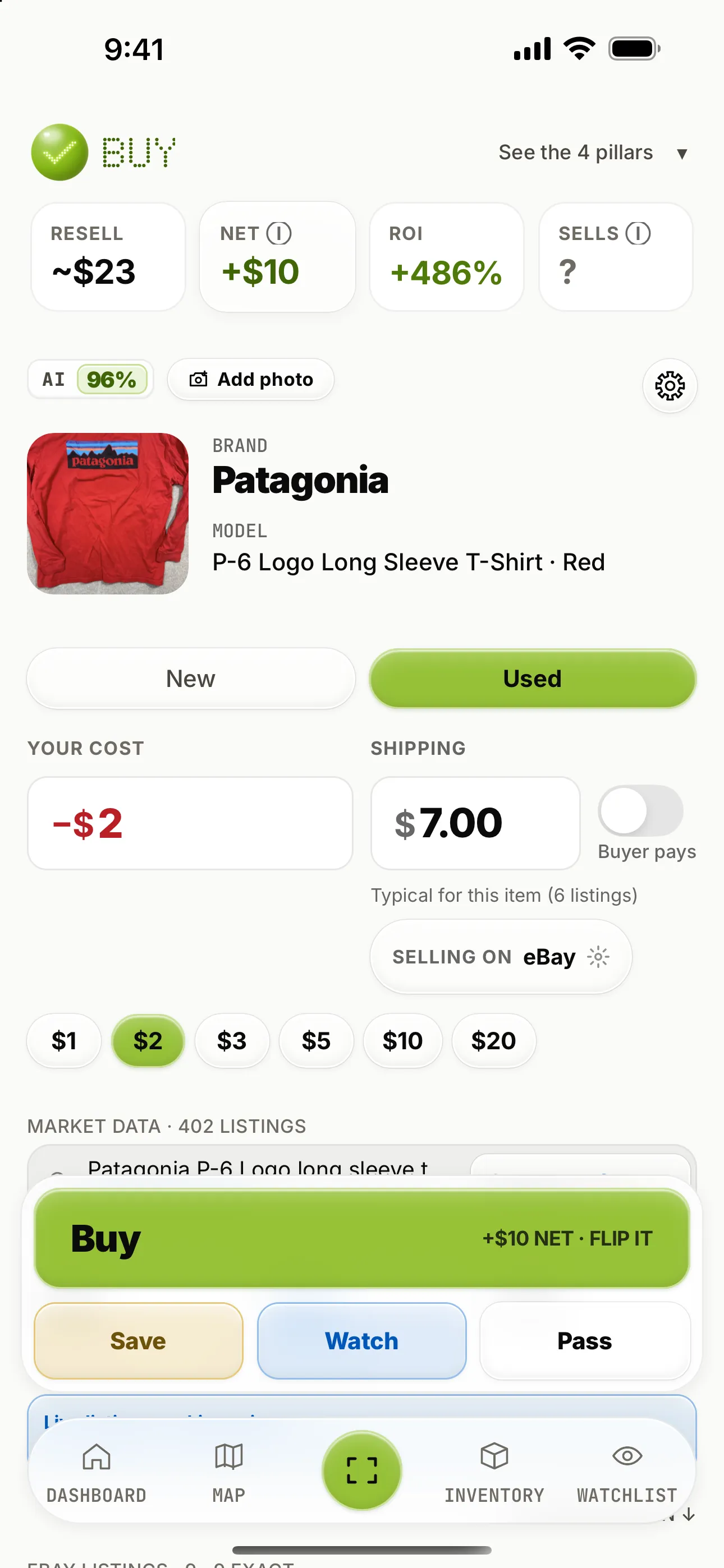 A Fownd scan result in the new look: a BUY verdict for a red Patagonia long sleeve tee, +$10 net and +486% ROI at a $2 cost