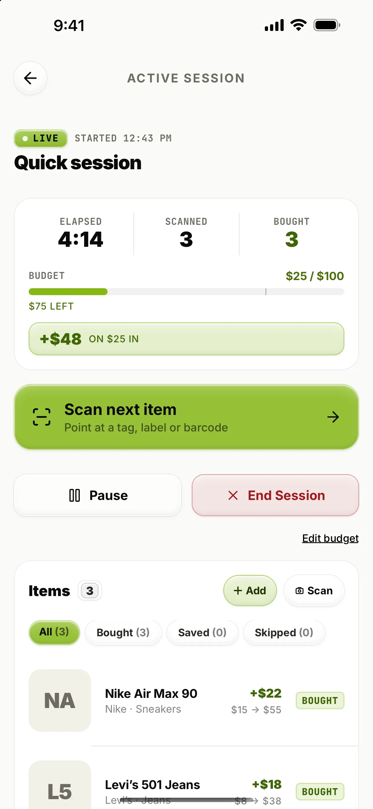 A live Quick session: 3 items bought, $25 of a $100 budget spent, +$48 estimated profit